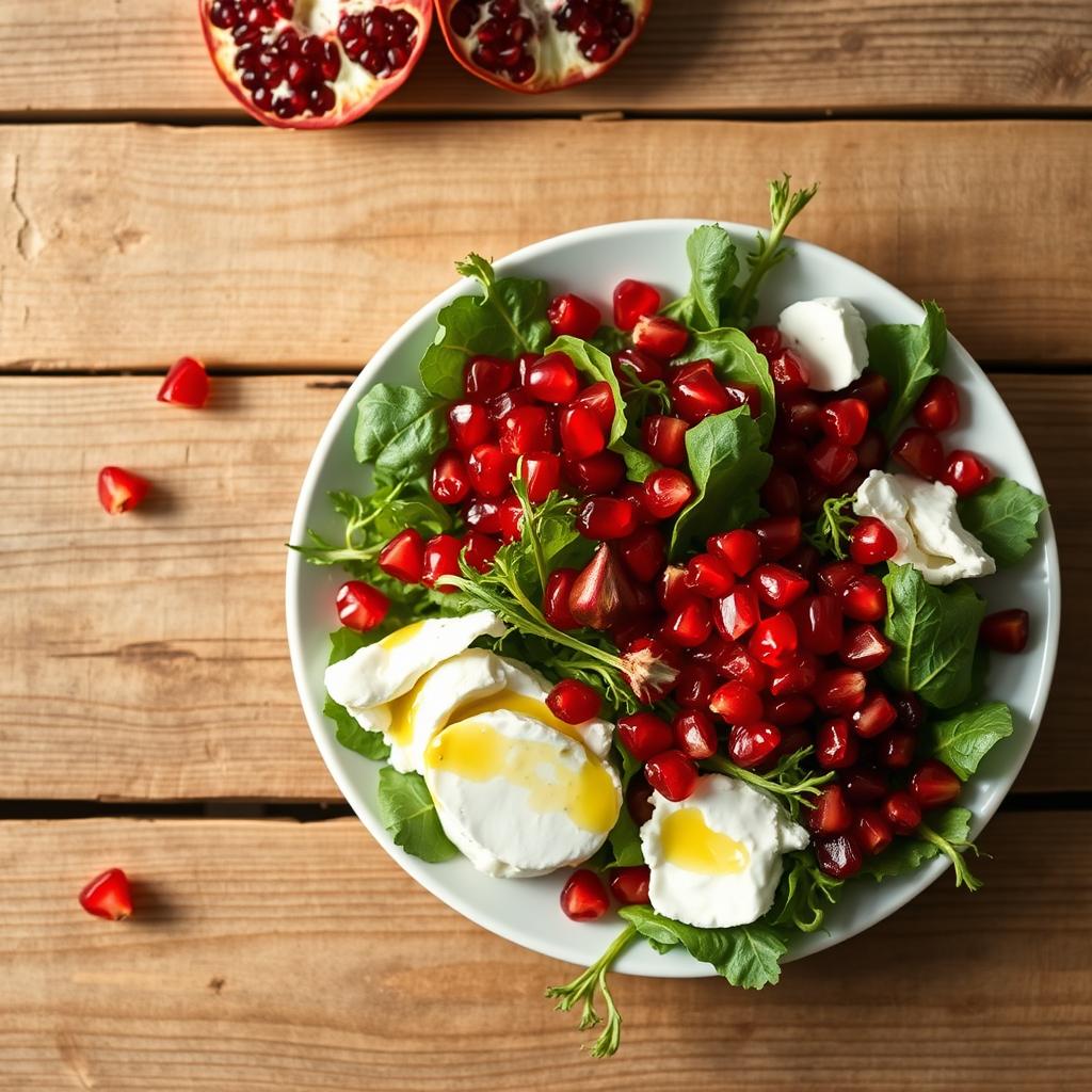 A beautifully lit overhead view of a rustic wooden table, with a fresh pomegranate salad arranged in the foreground. The salad features creamy, hand-torn burrata cheese, vibrant ruby-red pomegranate arils, crisp greens, and a drizzle of olive oil. The table is set against a neutral background, allowing the colors and textures of the salad to pop. Soft natural lighting casts a warm glow, highlighting the lush, juicy pomegranate seeds and the velvety burrata. The scene conveys a sense of simplicity, freshness, and an effortless elegance, perfectly capturing the essence of the "Burrata Pomegranate Salad" recipe. A beautifully lit overhead view of a rustic wooden table, with a fresh pomegranate salad arranged in the foreground. The salad features creamy, hand-torn burrata cheese, vibrant ruby-red pomegranate arils, crisp greens, and a drizzle of olive oil. The table is set against a neutral background, allowing the colors and textures of the salad to pop. Soft natural lighting casts a warm glow, highlighting the lush, juicy pomegranate seeds and the velvety burrata. The scene conveys a sense of simplicity, freshness, and an effortless elegance, perfectly capturing the essence of the "Burrata Pomegranate Salad" recipe.