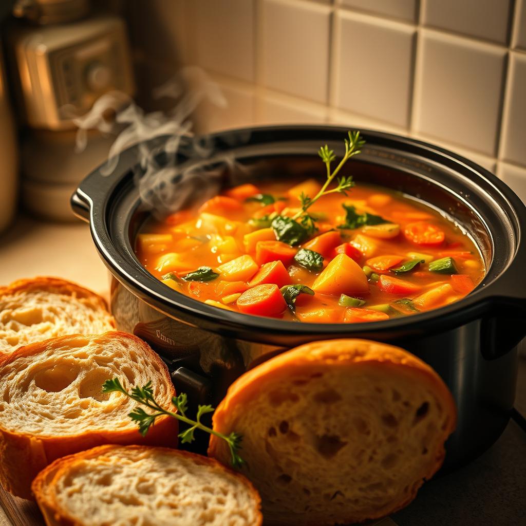 A cozy crockpot filled with a vibrant vegetarian soup, its steam wafting gently against a softly lit kitchen counter. Thick slices of crusty bread, their golden crusts glistening, accompany the simmering broth, which is teeming with an array of hearty vegetables - tender carrots, fragrant celery, and vibrant greens. Warm, comforting lighting casts a gentle glow, creating an inviting atmosphere perfect for a quick and healthy meal. A sprig of fresh herbs, its delicate leaves casting delicate shadows, adds a final touch of nourishment and vitality to the scene. A cozy crockpot filled with a vibrant vegetarian soup, its steam wafting gently against a softly lit kitchen counter. Thick slices of crusty bread, their golden crusts glistening, accompany the simmering broth, which is teeming with an array of hearty vegetables - tender carrots, fragrant celery, and vibrant greens. Warm, comforting lighting casts a gentle glow, creating an inviting atmosphere perfect for a quick and healthy meal. A sprig of fresh herbs, its delicate leaves casting delicate shadows, adds a final touch of nourishment and vitality to the scene.