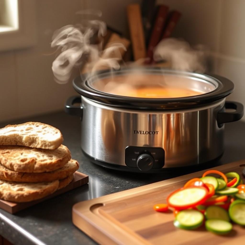 A cozy kitchen scene with a slow cooker filled with homemade soup simmering on the countertop. Steam gently rises from the pot, creating a warm and inviting atmosphere. Nearby, a stack of fresh crusty bread and a wooden cutting board with sliced vegetables sit ready to be added to the soup. The lighting is soft and diffused, highlighting the rich colors of the ingredients. The overall mood is one of comfort and nourishment, perfect for an introduction to the delights of slow-cooked soup recipes. A cozy kitchen scene with a slow cooker filled with homemade soup simmering on the countertop. Steam gently rises from the pot, creating a warm and inviting atmosphere. Nearby, a stack of fresh crusty bread and a wooden cutting board with sliced vegetables sit ready to be added to the soup. The lighting is soft and diffused, highlighting the rich colors of the ingredients. The overall mood is one of comfort and nourishment, perfect for an introduction to the delights of slow-cooked soup recipes.