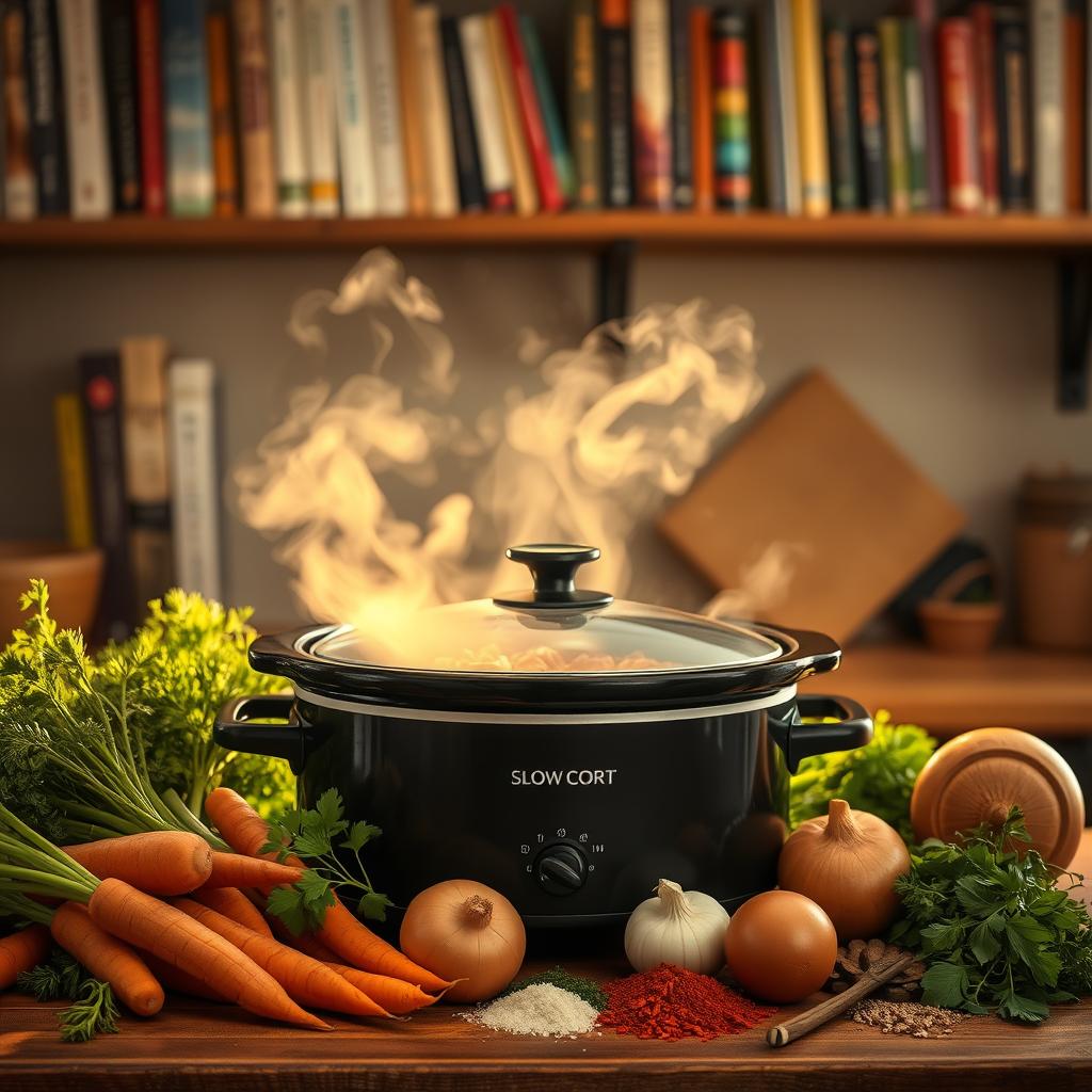 A cozy, rustic kitchen scene with a slow cooker prominently displayed on the counter, steam gently rising from its lid. Surrounding the slow cooker are various fresh ingredients - carrots, celery, onions, herbs, and a variety of savory spices. The lighting is warm and inviting, creating a comforting atmosphere. In the background, shelves hold an assortment of cookbooks, suggesting an abundance of crockpot soup recipes to explore. The overall mood is one of homey simplicity, hinting at the ease and deliciousness of these satisfying, nourishing meals. A cozy, rustic kitchen scene with a slow cooker prominently displayed on the counter, steam gently rising from its lid. Surrounding the slow cooker are various fresh ingredients - carrots, celery, onions, herbs, and a variety of savory spices. The lighting is warm and inviting, creating a comforting atmosphere. In the background, shelves hold an assortment of cookbooks, suggesting an abundance of crockpot soup recipes to explore. The overall mood is one of homey simplicity, hinting at the ease and deliciousness of these satisfying, nourishing meals.