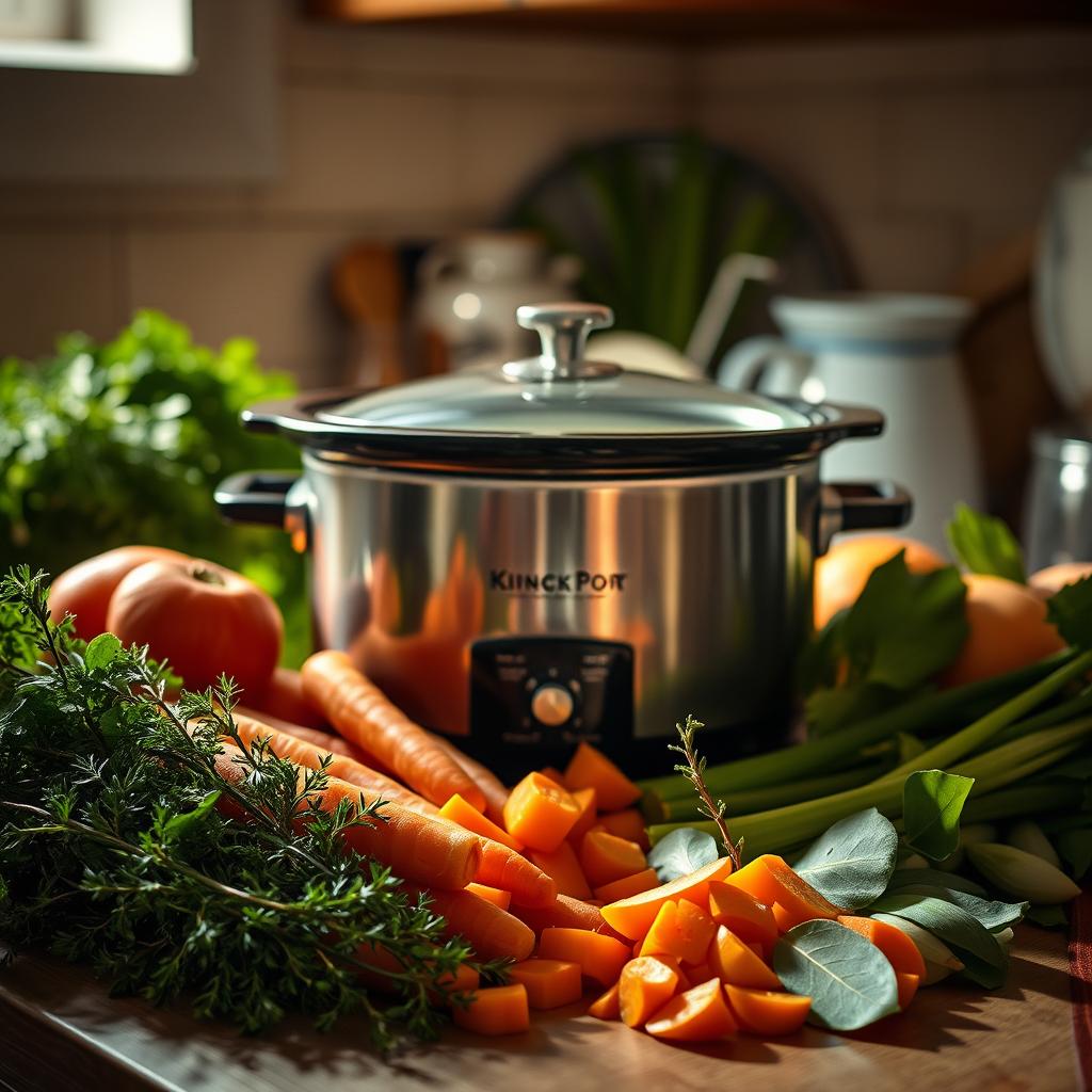 A cozy, well-lit kitchen counter showcases an array of fresh, wholesome ingredients - vibrant vegetables, fragrant herbs, and a simmering crockpot at the center. Soft, diffused light illuminates the scene, casting warm shadows and highlighting the rich textures of the produce. In the foreground, chopped carrots, onions, and celery await their turn to be added to the bubbling broth, while a handful of fresh thyme and bay leaves provide fragrant accents. The crockpot itself takes center stage, its lid slightly ajar, revealing the steam and inviting aromas of a homemade, nourishing soup. The overall atmosphere evokes a sense of comfort, simplicity, and the joy of slow-cooked, wholesome meals. A cozy, well-lit kitchen counter showcases an array of fresh, wholesome ingredients - vibrant vegetables, fragrant herbs, and a simmering crockpot at the center. Soft, diffused light illuminates the scene, casting warm shadows and highlighting the rich textures of the produce. In the foreground, chopped carrots, onions, and celery await their turn to be added to the bubbling broth, while a handful of fresh thyme and bay leaves provide fragrant accents. The crockpot itself takes center stage, its lid slightly ajar, revealing the steam and inviting aromas of a homemade, nourishing soup. The overall atmosphere evokes a sense of comfort, simplicity, and the joy of slow-cooked, wholesome meals.