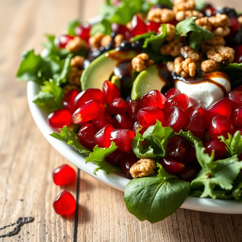A lush, close-up image of a vibrant pomegranate salad, artfully arranged on a rustic wooden table. In the foreground, the juicy ruby-red pomegranate arils glisten under soft, natural lighting, complemented by fresh, crisp greens and creamy white burrata. The middle ground features sliced avocado, toasted walnuts, and a drizzle of balsamic reduction, creating a harmonious blend of flavors and textures. The background showcases a simple, minimalist setting, allowing the salad to take center stage and showcase its fresh, seasonal appeal. A lush, close-up image of a vibrant pomegranate salad, artfully arranged on a rustic wooden table. In the foreground, the juicy ruby-red pomegranate arils glisten under soft, natural lighting, complemented by fresh, crisp greens and creamy white burrata. The middle ground features sliced avocado, toasted walnuts, and a drizzle of balsamic reduction, creating a harmonious blend of flavors and textures. The background showcases a simple, minimalist setting, allowing the salad to take center stage and showcase its fresh, seasonal appeal.
