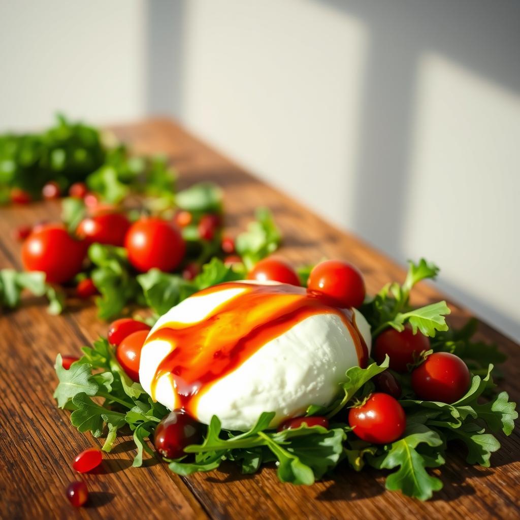 A rustic wooden table, bathed in warm natural light, showcases a vibrant burrata salad. In the foreground, the creamy burrata cheese nestles atop a bed of fresh arugula, drizzled with a luscious olive oil and balsamic reduction. Surrounding the burrata are ripe cherry tomatoes, their crimson hues complemented by the vibrant green of the leaves. In the middle ground, pomegranate seeds scattered across the salad add a pop of ruby-red contrast. The background features a simple, minimalist setting, allowing the ingredients to be the true stars of the composition. The overall mood is one of freshness, simplicity, and elegance, inviting the viewer to savor the flavors of this easy yet sophisticated burrata salad. A rustic wooden table, bathed in warm natural light, showcases a vibrant burrata salad. In the foreground, the creamy burrata cheese nestles atop a bed of fresh arugula, drizzled with a luscious olive oil and balsamic reduction. Surrounding the burrata are ripe cherry tomatoes, their crimson hues complemented by the vibrant green of the leaves. In the middle ground, pomegranate seeds scattered across the salad add a pop of ruby-red contrast. The background features a simple, minimalist setting, allowing the ingredients to be the true stars of the composition. The overall mood is one of freshness, simplicity, and elegance, inviting the viewer to savor the flavors of this easy yet sophisticated burrata salad.