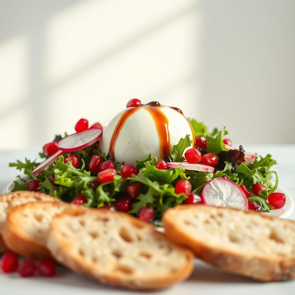 A vibrant, freshly prepared burrata salad set against a soft, natural background. In the foreground, a creamy burrata cheese rests atop a bed of mixed greens, garnished with juicy pomegranate arils, sliced radishes, and a drizzle of balsamic reduction. The middle ground features slices of crusty artisanal bread, while the background showcases a minimalist, airy setting with natural light filtering in, creating a calm and inviting ambiance. The overall composition exudes a sense of freshness, elegance, and the beauty of simple, high-quality ingredients. A vibrant, freshly prepared burrata salad set against a soft, natural background. In the foreground, a creamy burrata cheese rests atop a bed of mixed greens, garnished with juicy pomegranate arils, sliced radishes, and a drizzle of balsamic reduction. The middle ground features slices of crusty artisanal bread, while the background showcases a minimalist, airy setting with natural light filtering in, creating a calm and inviting ambiance. The overall composition exudes a sense of freshness, elegance, and the beauty of simple, high-quality ingredients.